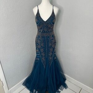 Xscape Teal Beaded Mermaid Prom Gown Dress Spaghetti Straps Size 6‎